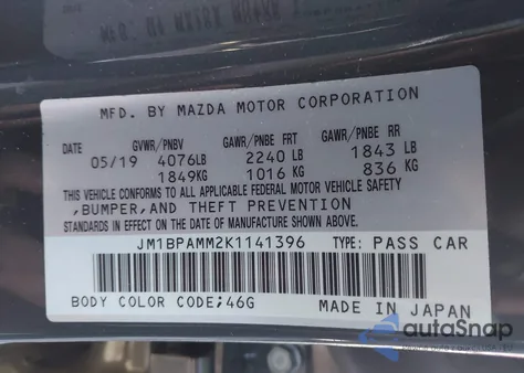 2019 Mazda Mazda3 Preferred Package z USA, uszkodzony, nr VIN JM1BPAMM2K1141396